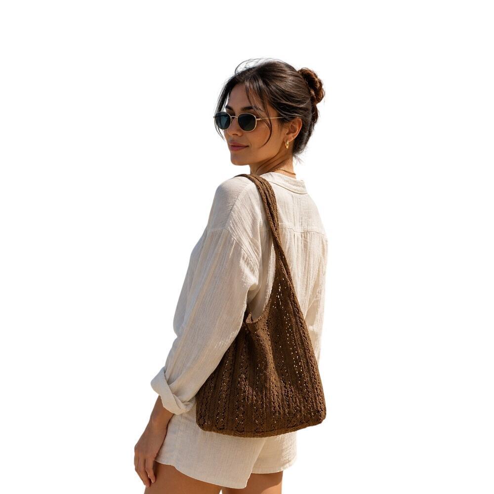 Brown Crochet Knit Shoulder Bag Boho Hobo Tote Slouchy Cottagecore Y2K - Picture 1 of 5